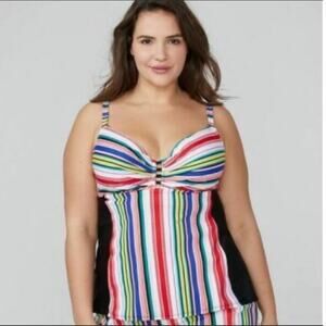 Lane Bryant Cacique Swim Tankini Top 46DD Full Bra EUC Stripe Beach Underwire
